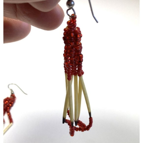 Red Cream Ivory Colored Quill Red Beads Dangling Silver Toned Earrings - Picture 4 of 6
